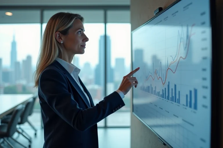 Femme dirigeante analysant des données de croissance d'entreprise sur un écran interactif en salle de réunion moderne
