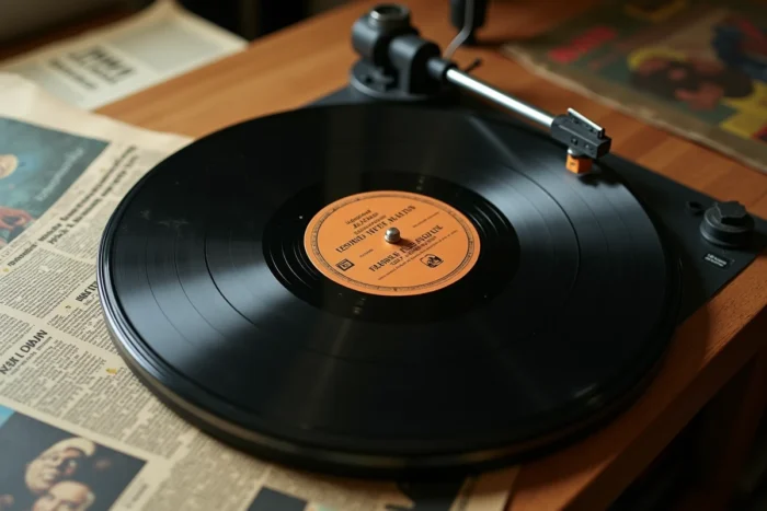 Gros plan d'un disque vinyle vintage sur une platine entouré de pochettes d'albums français des années 1970, évoquant l'héritage musical de Joe Dassin