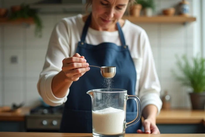 Femme mesurant précisément du sel de mer avec une cuillère doseuse au-dessus d'un pichet gradué d'un litre d'eau dans une cuisine moderne