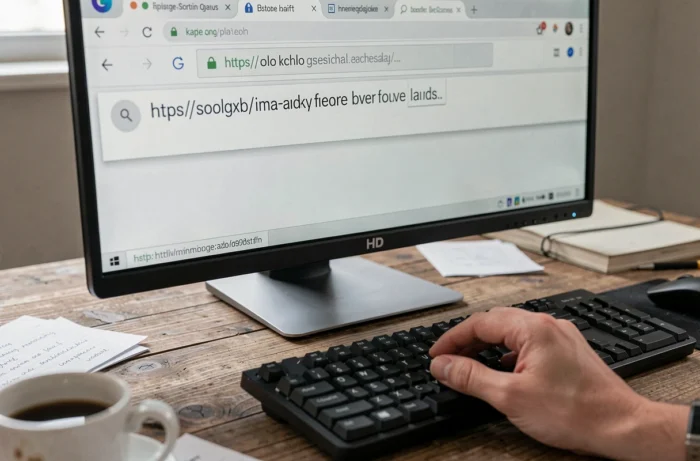 Close em uma tela de computador com uma barra de endereço URL para acessar um site de download