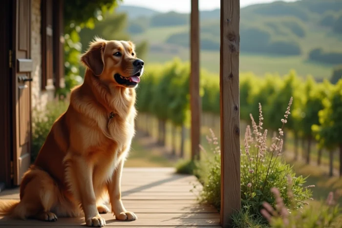 Golden Retriever adulte assis devant une ferme bourguignonne traditionnelle entourée de vignes et de collines verdoyantes en Bourgogne-Franche-Comté