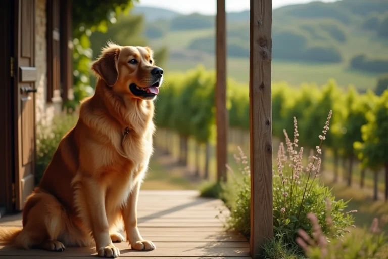 Golden Retriever adulte assis devant une ferme bourguignonne traditionnelle entourée de vignes et de collines verdoyantes en Bourgogne-Franche-Comté
