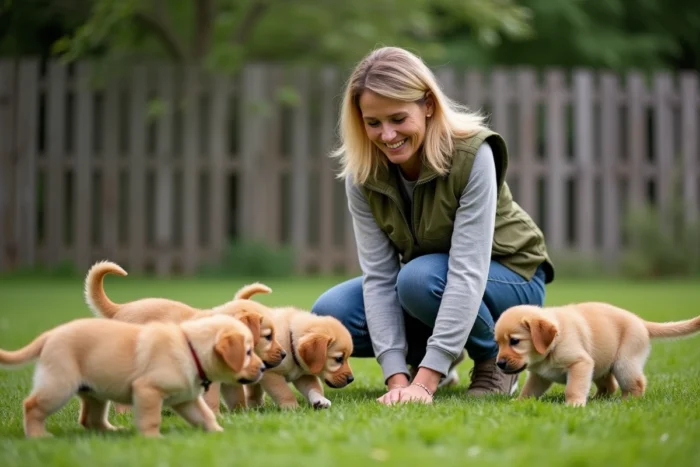 Éleveuse de Golden Retriever avec une portée de chiots dans un chenil extérieur en Bourgogne-Franche-Comté, interaction naturelle et affectueuse