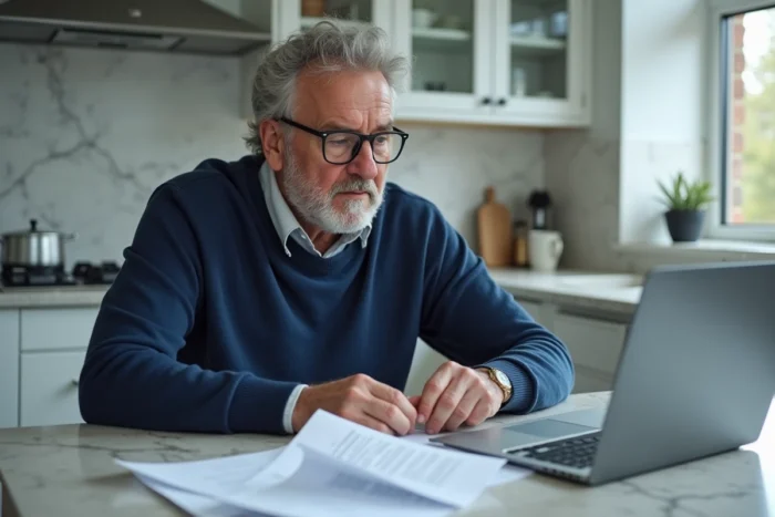Employeur particulier vérifiant un modèle de lettre de licenciement CESU sur table de cuisine