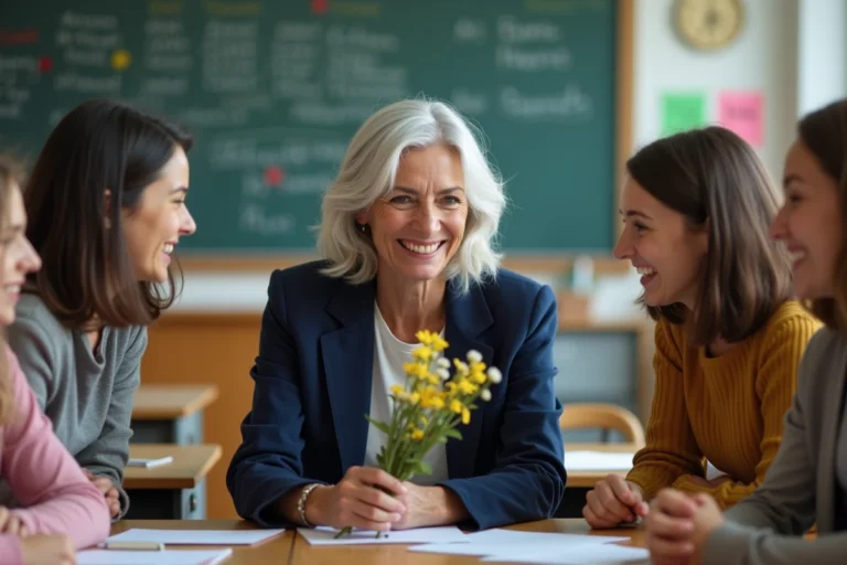 Enseignante recevant une carte d'adieu de ses élèves lors de son départ à la retraite en classe