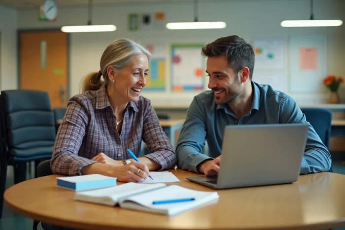 Deux enseignants discutant du pacte enseignant 2025 autour d'un calendrier et d'un ordinateur portable en salle des professeurs