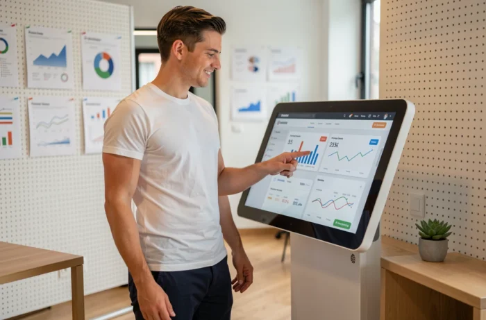 A young entrepreneur standing in front of an interactive screen displaying performance indicators for an online store, illustrating modern digital solutions for businesses
