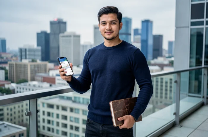 Entrepreneur consultant son rapport de performance sur smartphone depuis une terrasse urbaine pour optimiser sa stratégie digitale