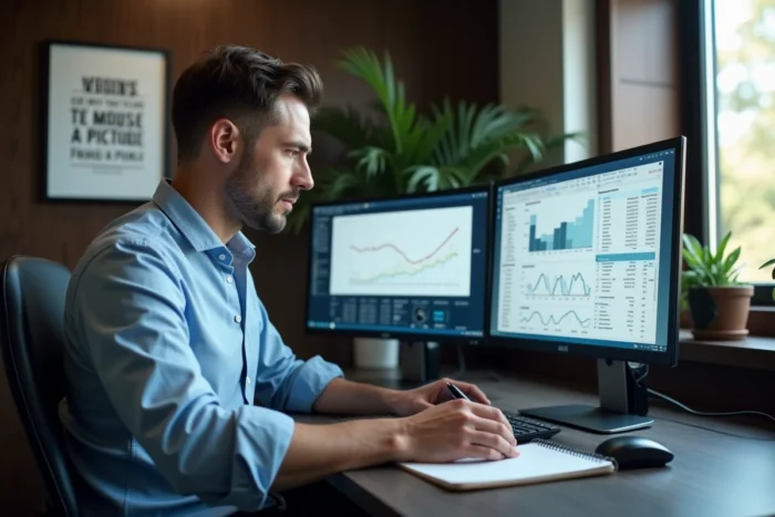 Chef d'entreprise travaillant sur des outils numériques d'optimisation et de gestion de croissance dans son bureau