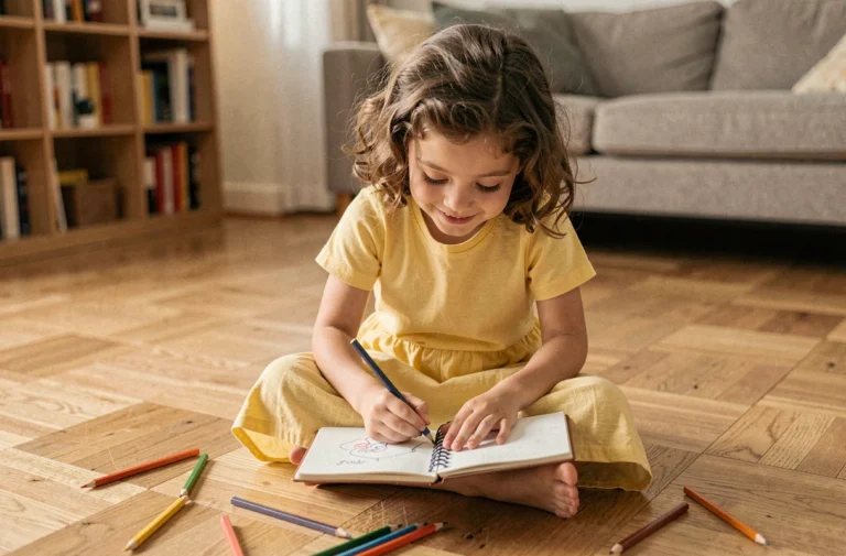 Petite fille concentrée qui dessine sur le plancher en bois de son salon, entourée de crayons de couleur, illustrant l'épanouissement créatif de l'enfant au quotidien