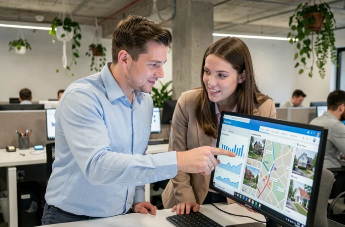 Deux collègues analysant ensemble un tableau de bord d'investissement immobilier en ligne dans un espace de coworking
