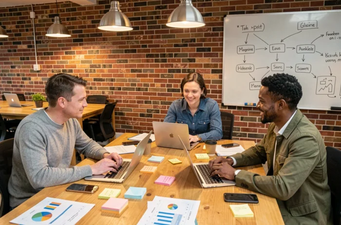 A team of professionals collaborating around a coworking table on an innovative digital strategy to improve their company's online performance