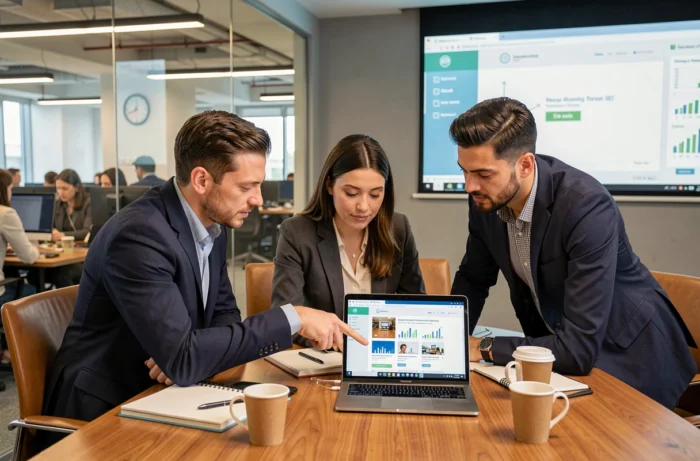 Équipe de professionnels collaborant sur une stratégie de présence web en salle de réunion moderne