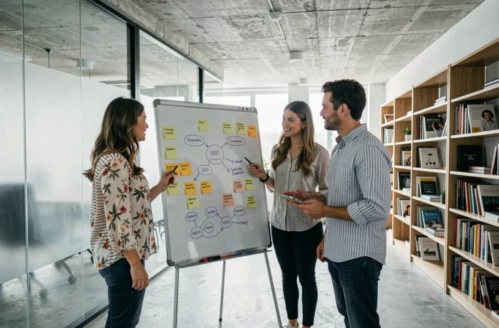 Équipe marketing en réunion de stratégie autour d'un tableau blanc avec plan SEO et réseaux sociaux pour booster la visibilité en ligne