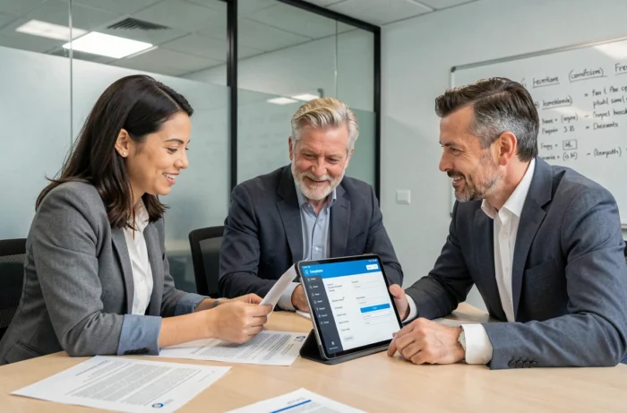 Équipe professionnelle en réunion autour d'une solution de coffre-fort numérique d'entreprise conforme à la réglementation
