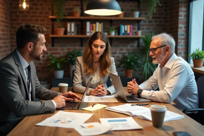 Équipe pluridisciplinaire collaborant sur une stratégie de développement et d'optimisation de gestion d'entreprise