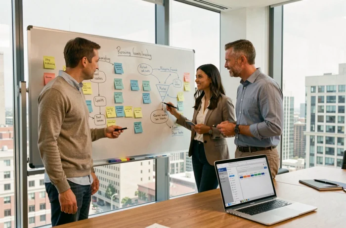 Équipe marketing collaborant autour d'un tableau blanc pour élaborer une stratégie de marketing digital