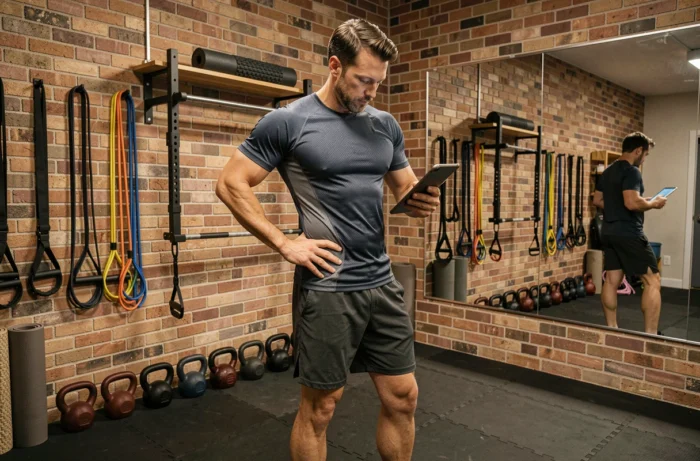 Homem em uma sala de ginástica em casa cercado por equipamentos de fitness essenciais como kettlebells, faixas de resistência e tapete de yoga