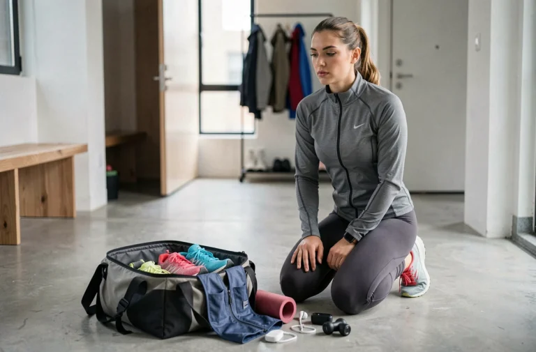 Femme sportive préparant son sac d'équipements de sport pour une séance de running, avec chaussures, gilet d'hydratation et accessoires essentiels