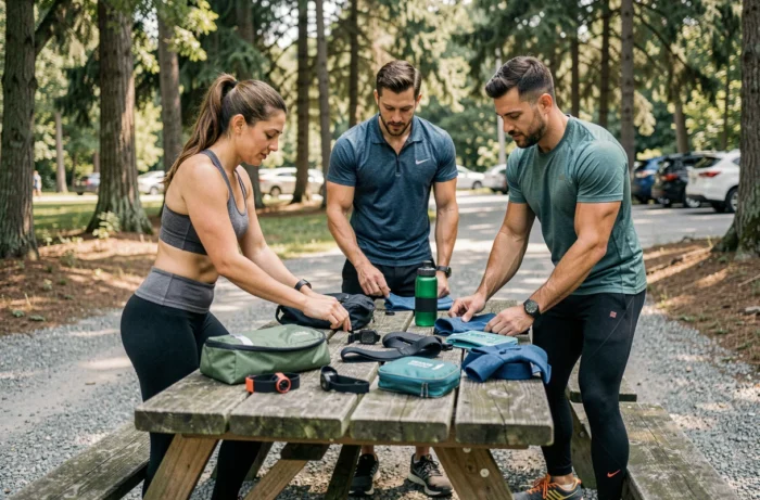 Grupo de atletas comparando seus equipamentos outdoor como relógios GPS, joelheiras e garrafas antes de uma saída de trilha na floresta