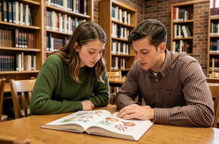 Deux étudiants en biologie consultant un manuel illustré sur la reproduction sexuée des plantes à fleurs dans une bibliothèque universitaire