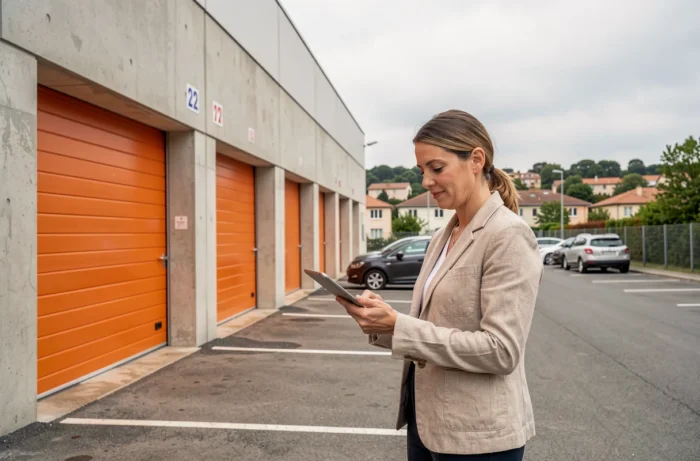 Femme consultant un plan de location devant un garde-meuble à Pessac en périphérie de Bordeaux