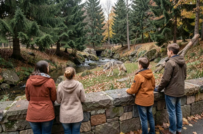 Família observando um lobo cinzento em seu recinto natural durante uma visita a um parque zoológico francês no outono