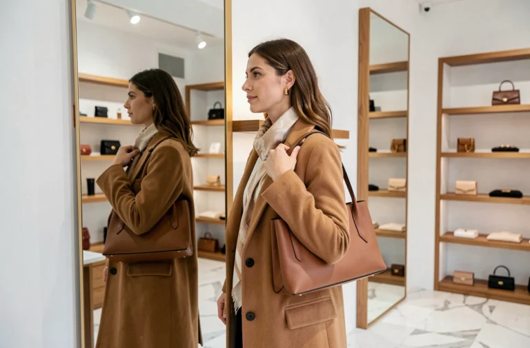 Femme élégante choisissant ses accessoires de mode dans une boutique parisienne raffinée avec sac en cuir et foulard en soie
