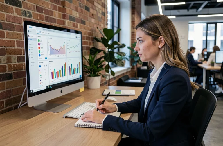 Femme professionnelle analysant des données de visibilité en ligne sur un écran d'ordinateur dans un bureau moderne