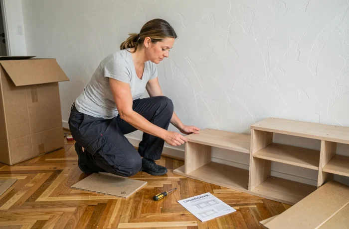 Une femme bricolant l'installation d'une étagère en kit dans un salon moderne