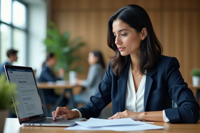Femme en CDI consultant des options de financement de formation professionnelle sur un ordinateur portable au bureau