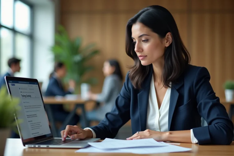 Femme en CDI consultant des options de financement de formation professionnelle sur un ordinateur portable au bureau