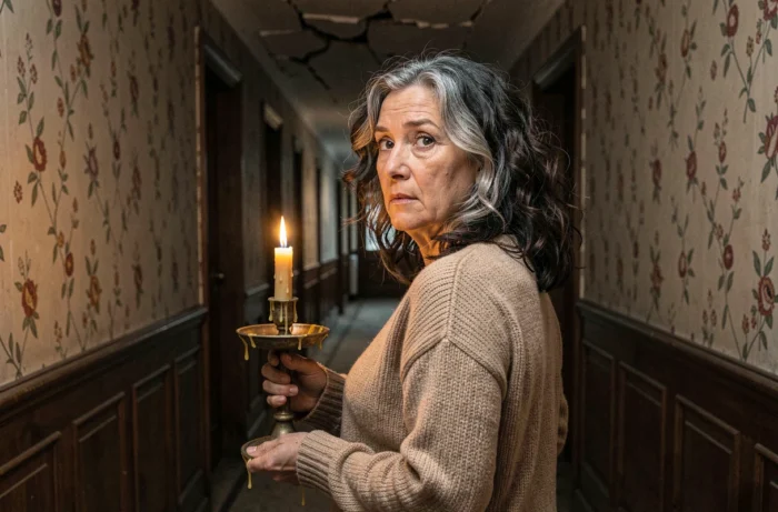 Femme tenant un chandelier ancien dans un couloir sombre d'appartement haussmannien à Paris, atmosphère paranormale et mystérieuse