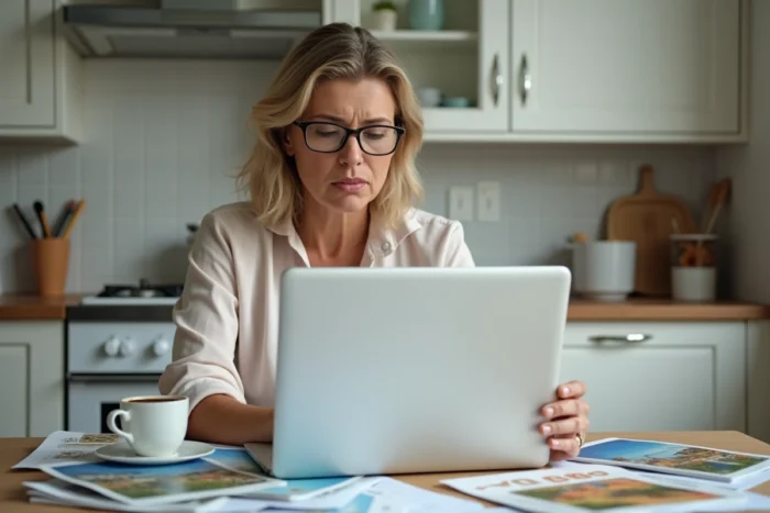 Femme comparant des offres de voyages Leclerc sur un ordinateur portable avec des brochures touristiques sur une table de cuisine