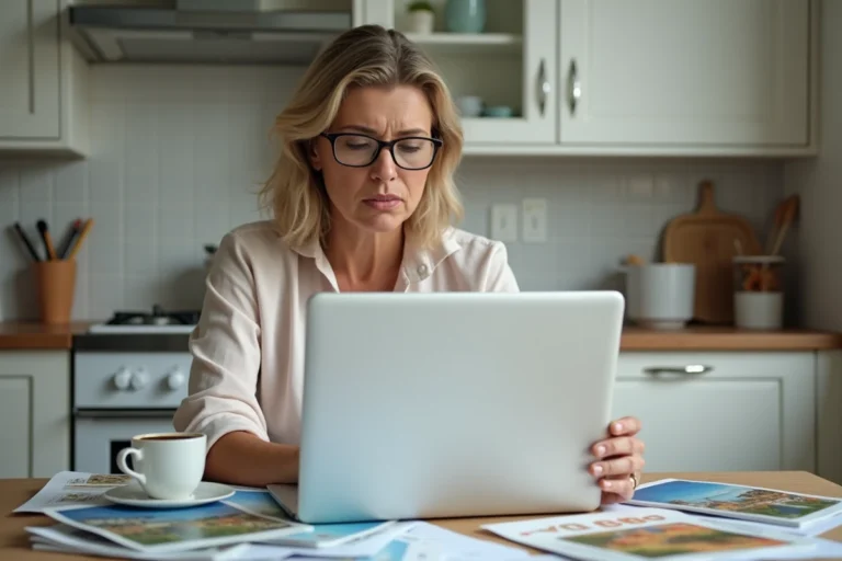 Femme comparant des offres de voyages Leclerc sur un ordinateur portable avec des brochures touristiques sur une table de cuisine