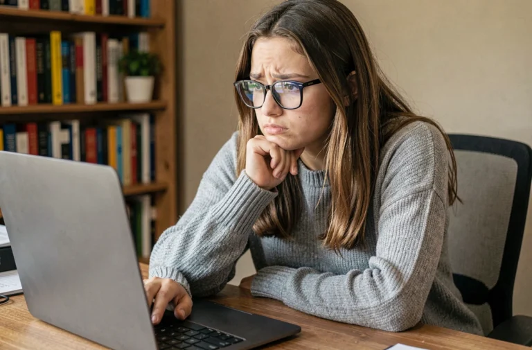 Jeune femme intriguée devant son ordinateur portable cherchant la signification d'un terme viral sur internet en 2026