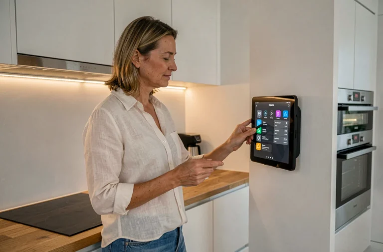 Femme utilisant un tableau de commande domotique dans une cuisine connectée moderne