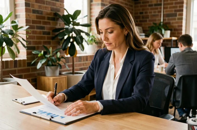 Femme entrepreneure concentrée travaillant sur des documents professionnels dans un espace de coworking moderne