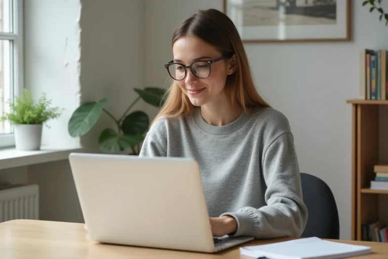 Femme explorant un site web sur son ordinateur portable dans un bureau à domicile moderne