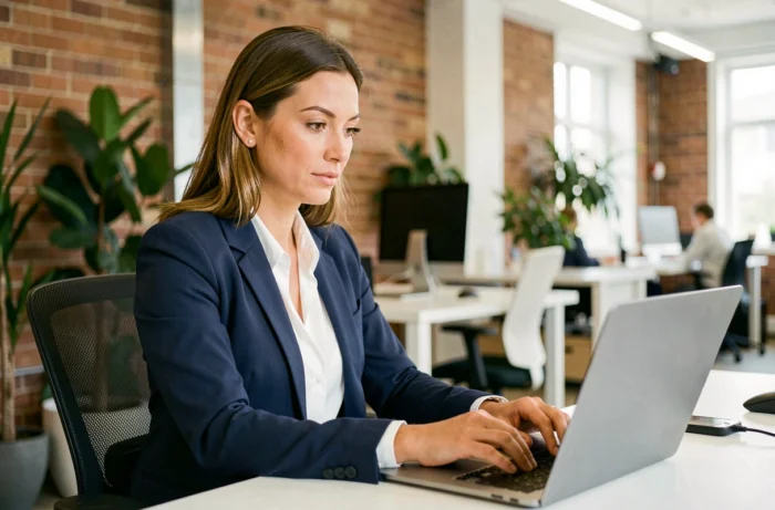 Femme professionnelle en formation en ligne dans un espace de coworking moderne, développant ses compétences professionnelles