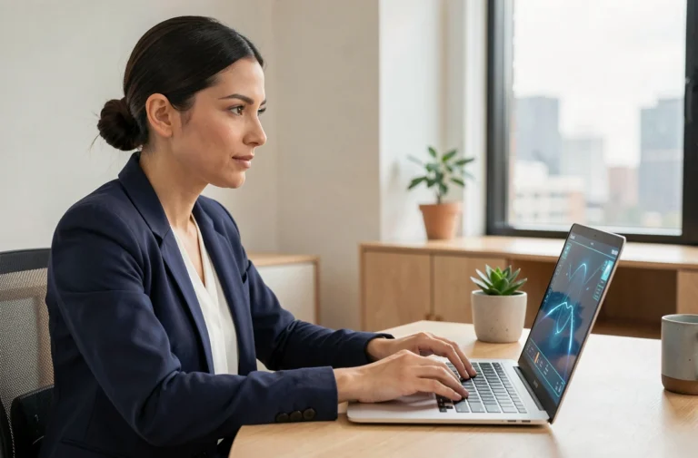 Une femme professionnelle interagit avec une interface d'intelligence artificielle sur son ordinateur portable dans un bureau à domicile moderne