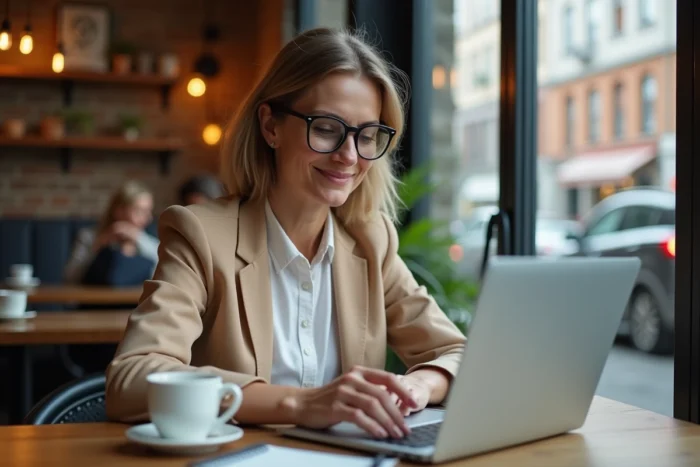 Femme en blazer beige consultant une plateforme d'investissement boursier sur son ordinateur portable dans un café urbain