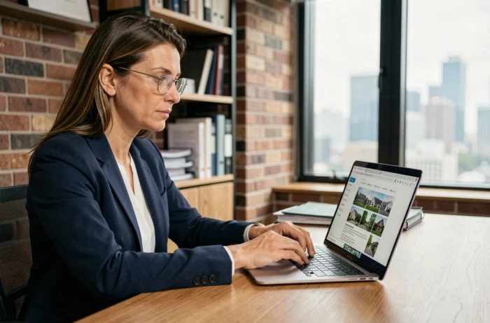 Femme professionnelle analysant des opportunités immobilières en ligne sur un ordinateur portable dans un bureau moderne