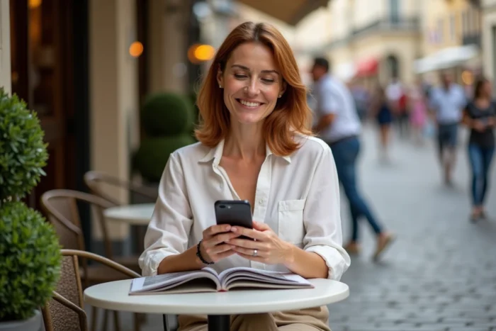 Femme lisant un magazine numérique gratuit sur smartphone en terrasse de café