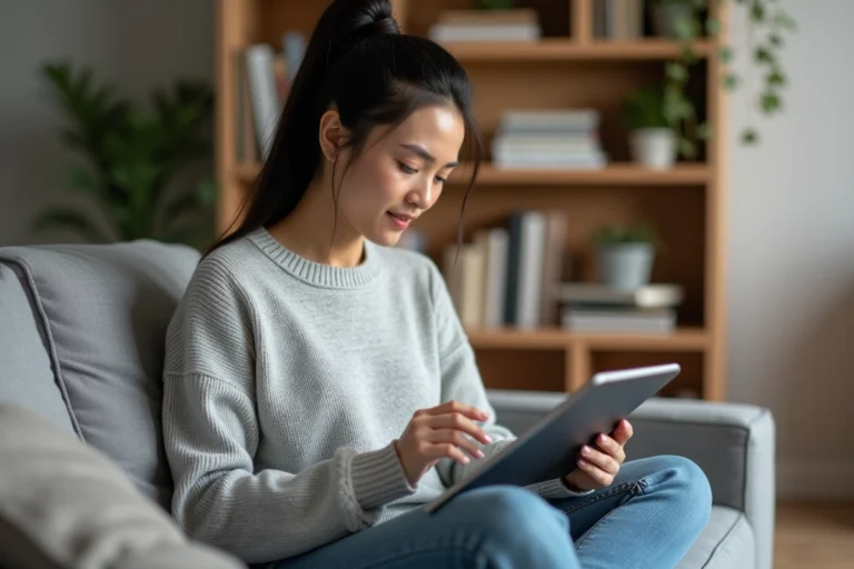 Femme lisant un magazine numérique gratuit sur tablette dans un salon moderne