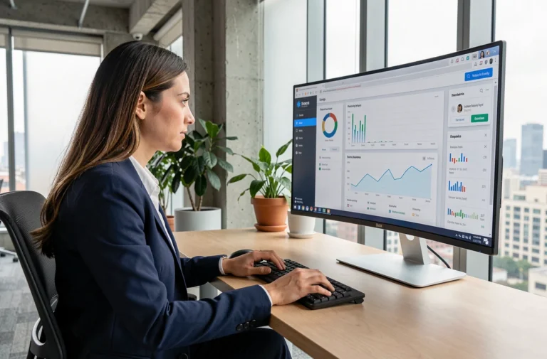 Femme professionnelle travaillant sur un tableau de bord web analytique dans un bureau moderne