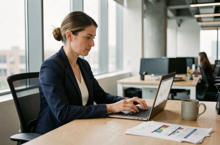 Femme professionnelle consultant des graphiques financiers sur un ordinateur portable dans un bureau moderne