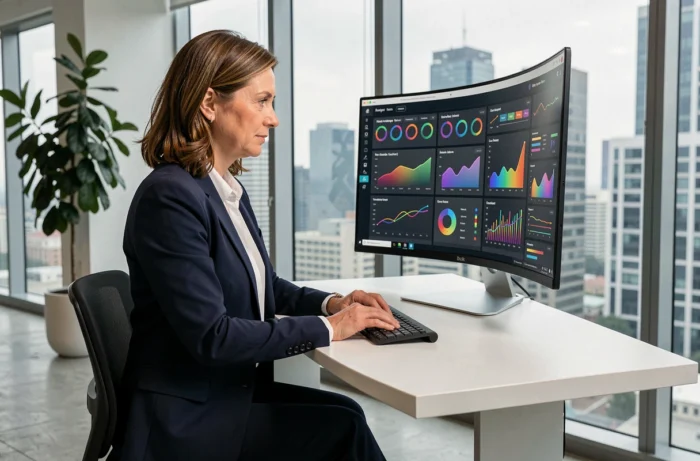Femme professionnelle utilisant des solutions digitales sur un grand écran avec tableaux de bord analytiques pour booster la performance de son entreprise en ligne