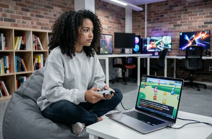 Jeune femme jouant à une rom hack Pokémon Nuzlocke en français sur ordinateur portable dans un espace gaming moderne