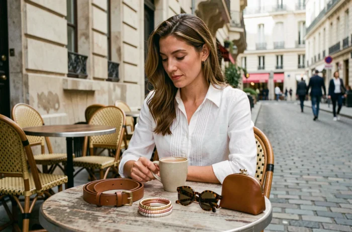 Femme contemplant une sélection d'accessoires de mode posés sur une table de café parisienne en terrasse